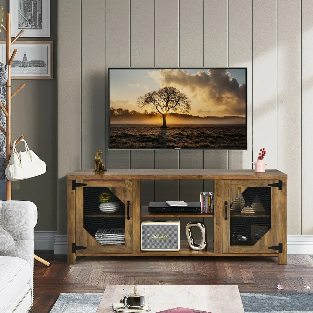 TV Stand Entertainment Media Center for TVs up to 65-Inch with Steel Mesh Doors-Rustic Brown - Rustic Brown
