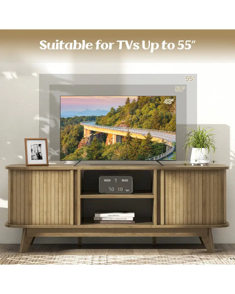 TV Stand for 55-Inch TV Media Console Table with Dual Sliding Doors-Oak - Oak - Entertainment Centers & TV Stands