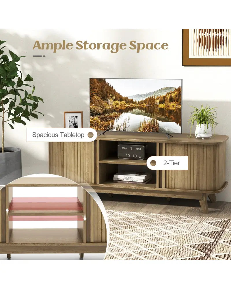 TV Stand for 55-Inch TV Media Console Table with Dual Sliding Doors-Oak - Oak - Entertainment Centers & TV Stands