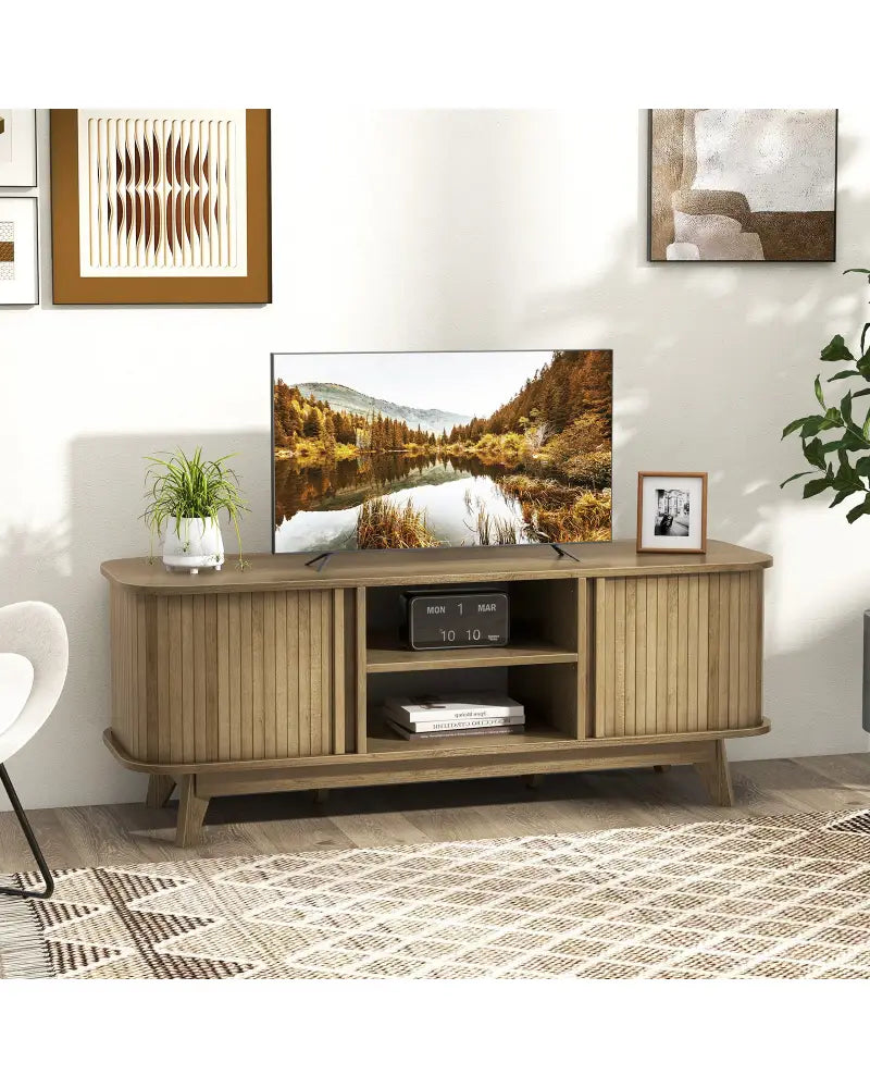 TV Stand for 55-Inch TV Media Console Table with Dual Sliding Doors-Oak - Oak - Entertainment Centers & TV Stands