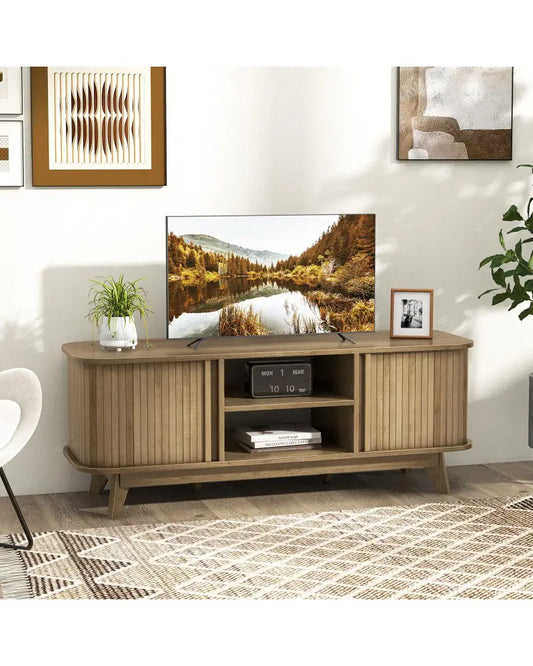 TV Stand for 55-Inch TV Media Console Table with Dual Sliding Doors-Oak - Oak - Entertainment Centers & TV Stands