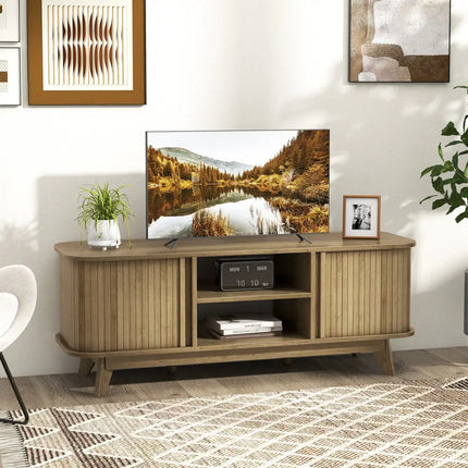 TV Stand for 55-Inch TV Media Console Table with Dual Sliding Doors-Oak - Oak - Entertainment Centers & TV Stands