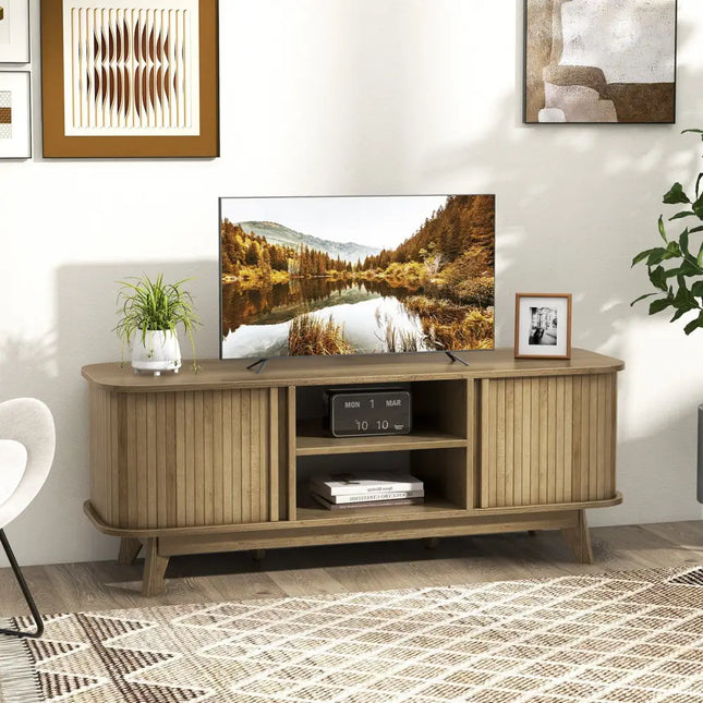 TV Stand for 55-Inch TV Media Console Table with Dual Sliding Doors-Oak - Oak - Entertainment Centers & TV Stands