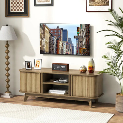 TV Stand for 55-Inch TV Media Console Table with Dual Sliding Doors-Oak - Oak - Entertainment Centers & TV Stands