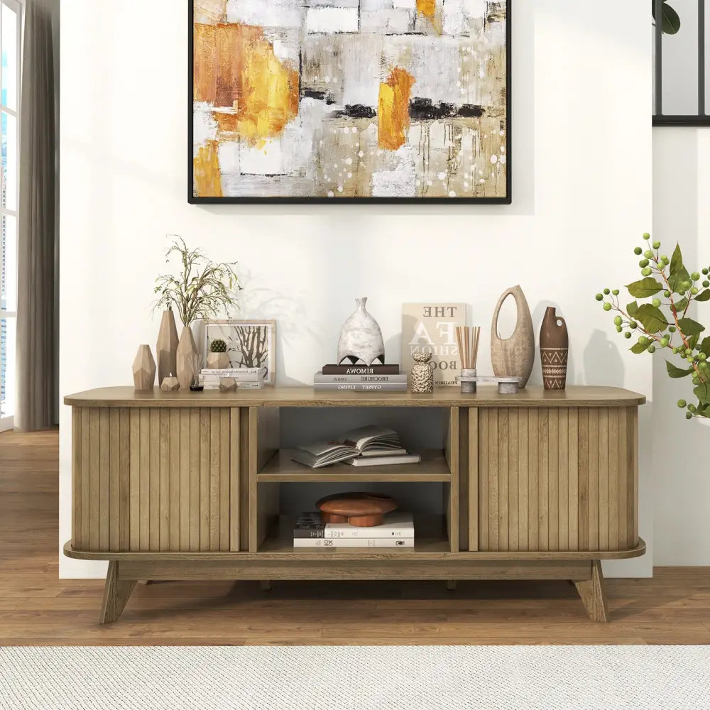TV Stand for 55-Inch TV Media Console Table with Dual Sliding Doors-Oak - Oak - Entertainment Centers & TV Stands