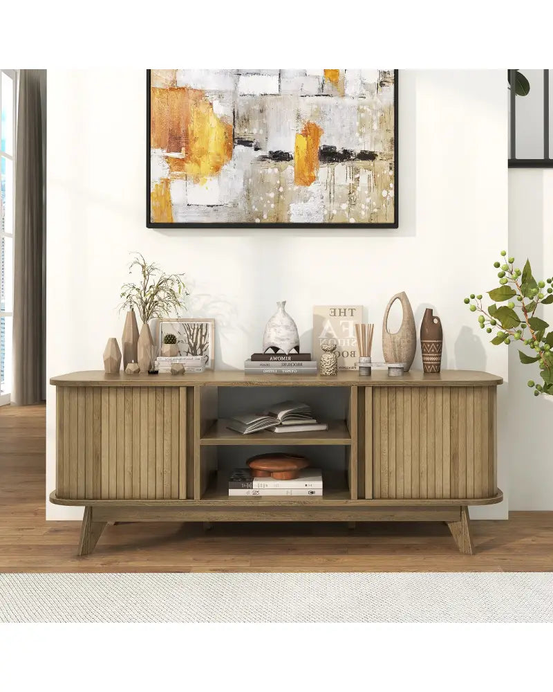 TV Stand for 55-Inch TV Media Console Table with Dual Sliding Doors-Oak - Oak - Entertainment Centers & TV Stands