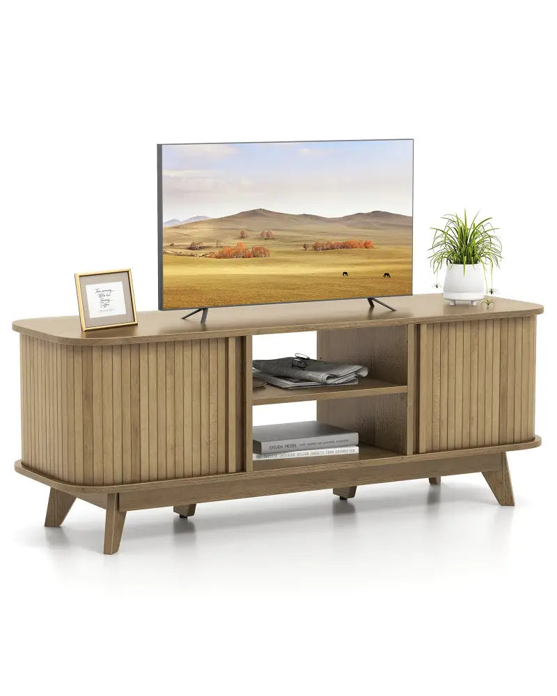 TV Stand for 55-Inch TV Media Console Table with Dual Sliding Doors-Oak - Oak - Entertainment Centers & TV Stands
