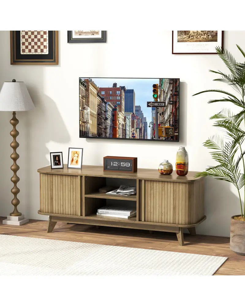 TV Stand for 55-Inch TV Media Console Table with Dual Sliding Doors-Oak - Oak - Entertainment Centers & TV Stands