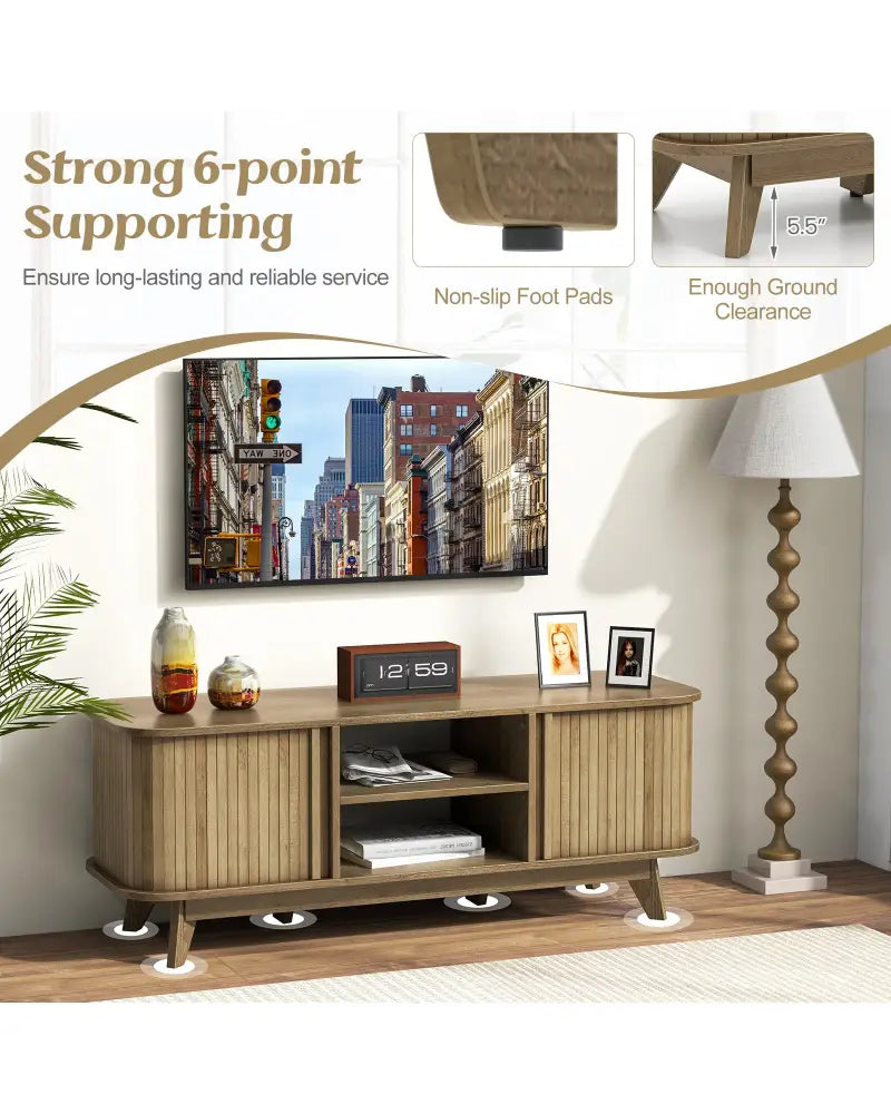 TV Stand for 55-Inch TV Media Console Table with Dual Sliding Doors-Oak - Oak - Entertainment Centers & TV Stands