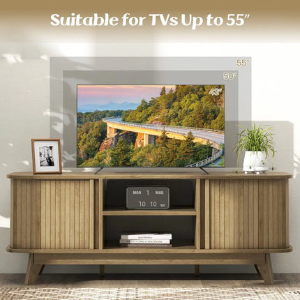 TV Stand for 55-Inch TV Media Console Table with Dual Sliding Doors-Oak - Oak - Entertainment Centers & TV Stands