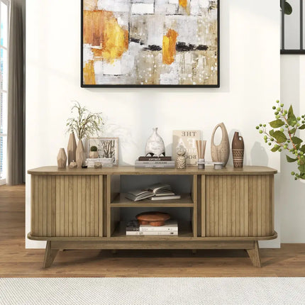TV Stand for 55-Inch TV Media Console Table with Dual Sliding Doors-Oak - Oak - Entertainment Centers & TV Stands