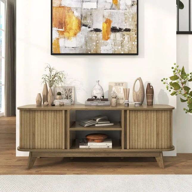TV Stand for 55-Inch TV Media Console Table with Dual Sliding Doors-Oak - Oak - Entertainment Centers & TV Stands