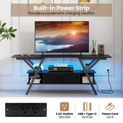 TV Stand for 65 Inch TVs with Power Outlets and LED Lights-Black - Black - Entertainment Centers & TV Stands