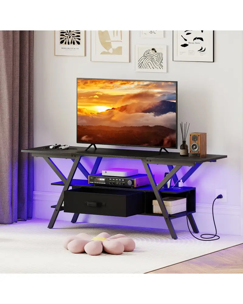 TV Stand for 65 Inch TVs with Power Outlets and LED Lights-Black - Black - Entertainment Centers & TV Stands