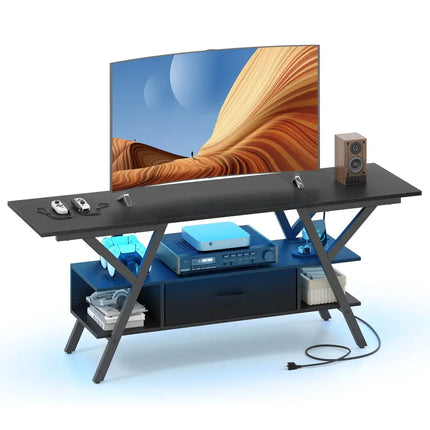 TV Stand for 65 Inch TVs with Power Outlets and LED Lights-Black - Black - Entertainment Centers & TV Stands