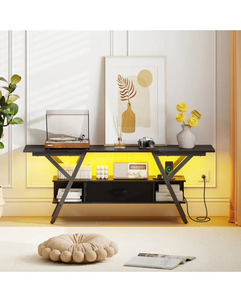 TV Stand for 65 Inch TVs with Power Outlets and LED Lights-Black - Black - Entertainment Centers & TV Stands