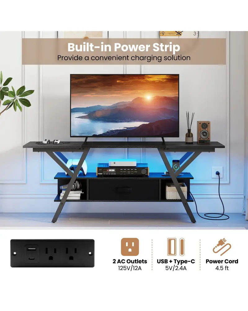 TV Stand for 65 Inch TVs with Power Outlets and LED Lights-Black - Black - Entertainment Centers & TV Stands