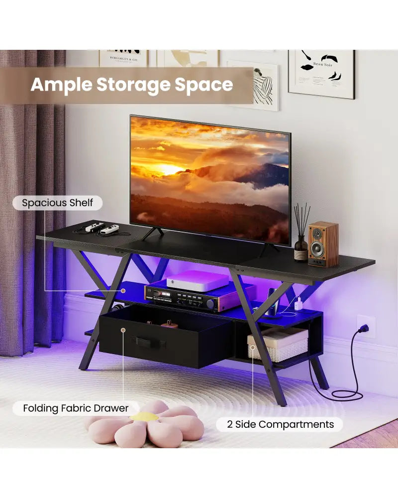 TV Stand for 65 Inch TVs with Power Outlets and LED Lights-Black - Black - Entertainment Centers & TV Stands