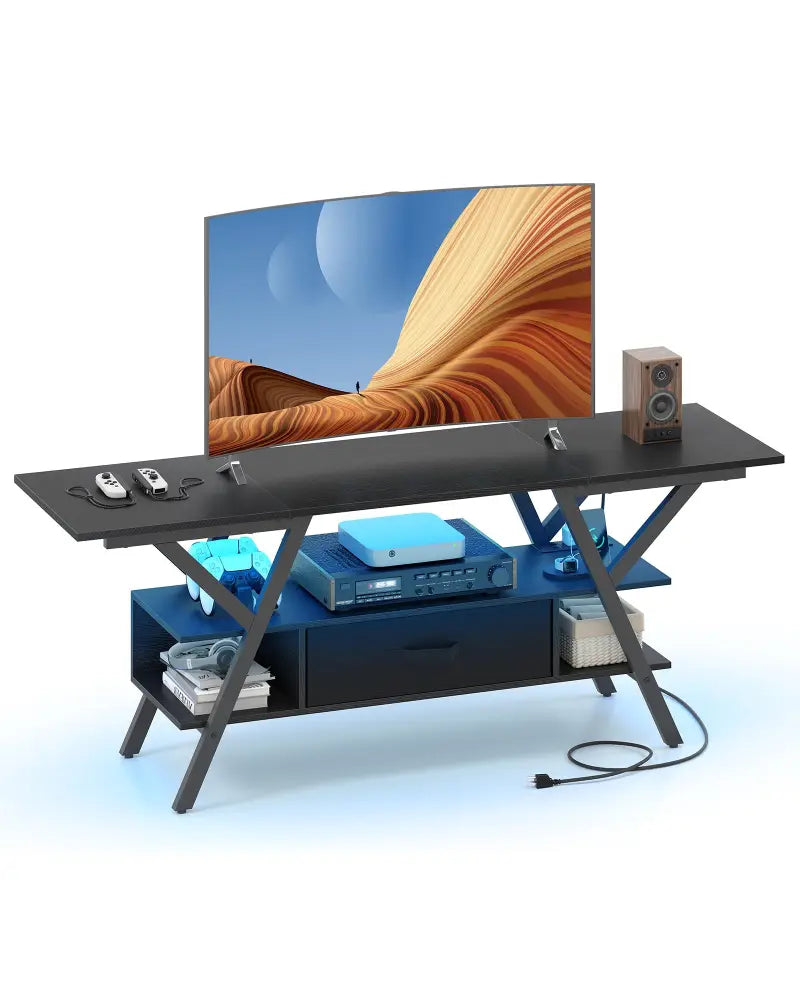 TV Stand for 65 Inch TVs with Power Outlets and LED Lights-Black - Black - Entertainment Centers & TV Stands