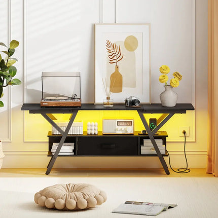 TV Stand for 65 Inch TVs with Power Outlets and LED Lights-Black - Black - Entertainment Centers & TV Stands