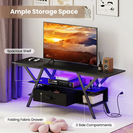 TV Stand for 65 Inch TVs with Power Outlets and LED Lights-Black - Black - Entertainment Centers & TV Stands