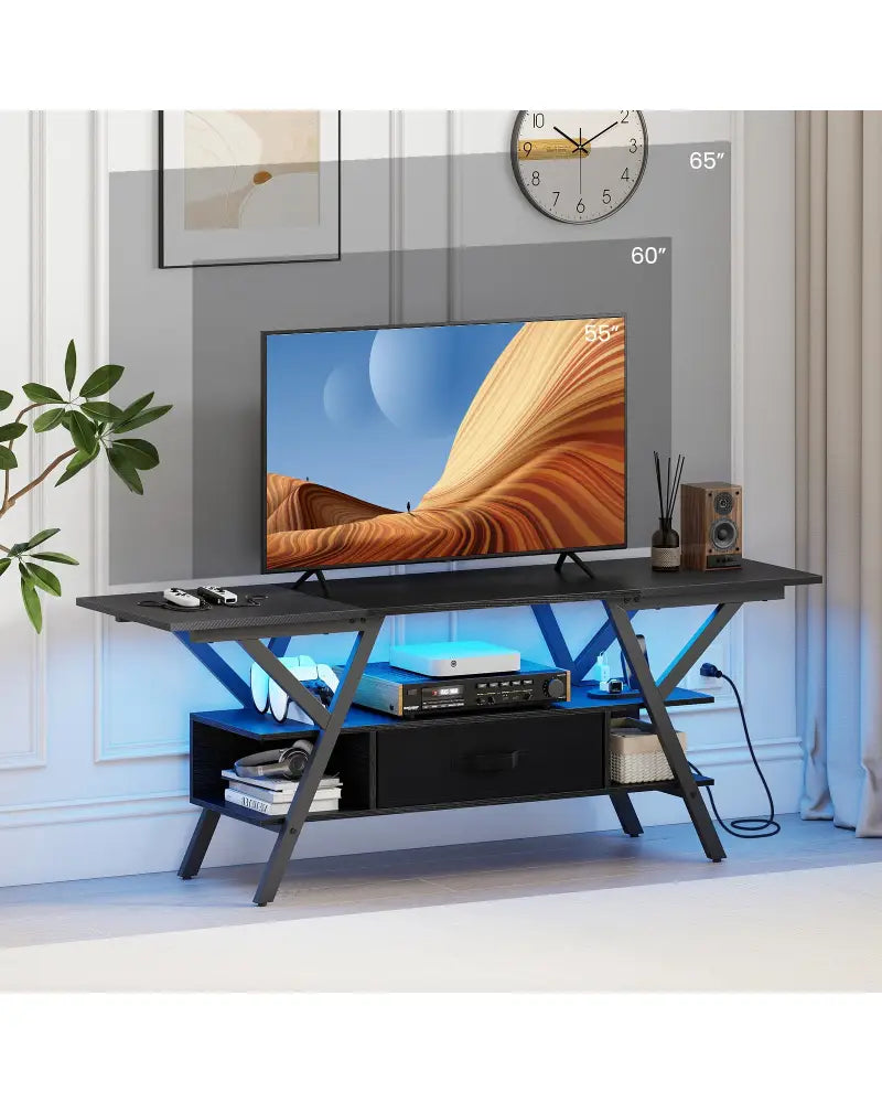 TV Stand for 65 Inch TVs with Power Outlets and LED Lights-Black - Black - Entertainment Centers & TV Stands
