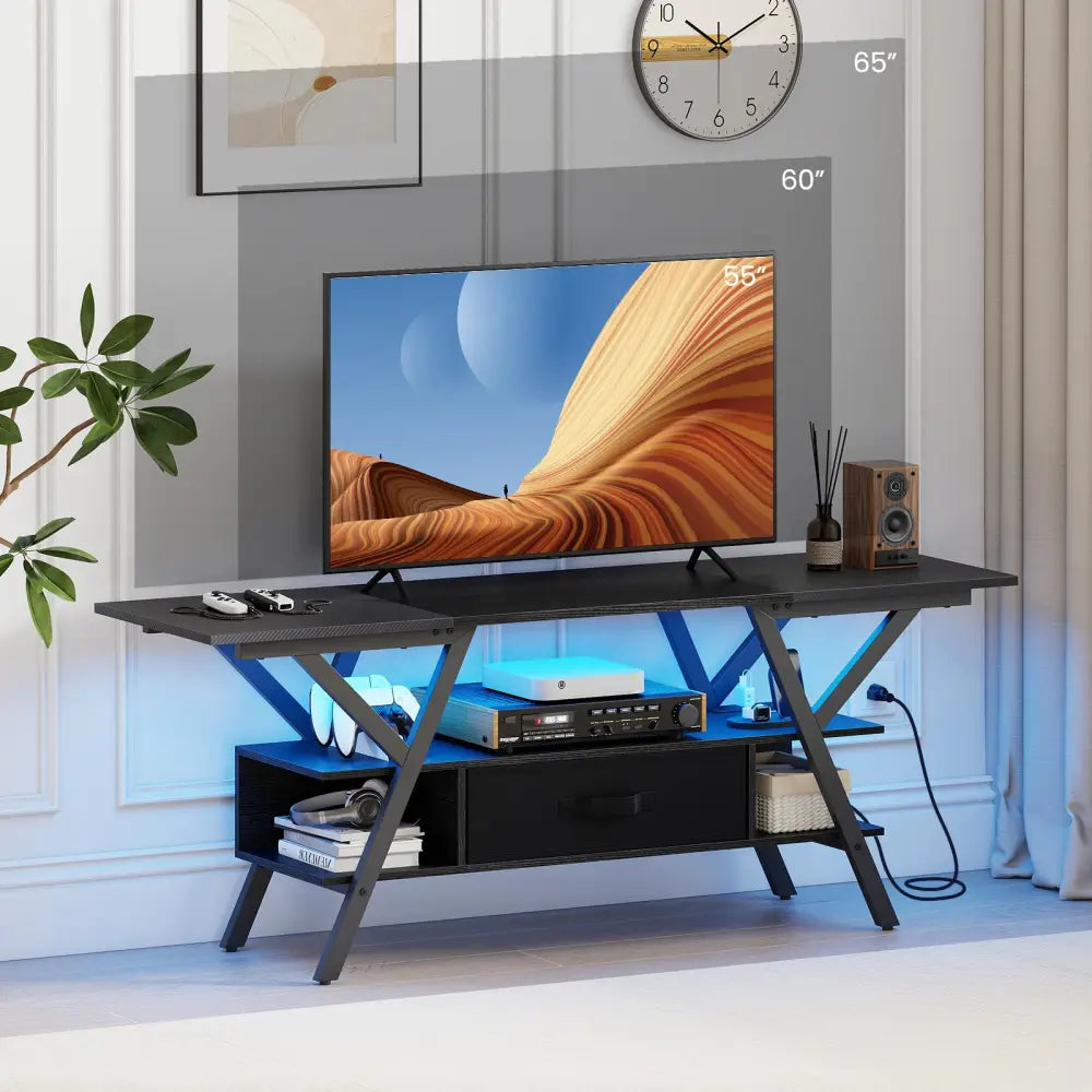 TV Stand for 65 Inch TVs with Power Outlets and LED Lights-Black - Black - Entertainment Centers & TV Stands