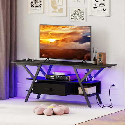 TV Stand for 65 Inch TVs with Power Outlets and LED Lights-Black - Black - Entertainment Centers & TV Stands