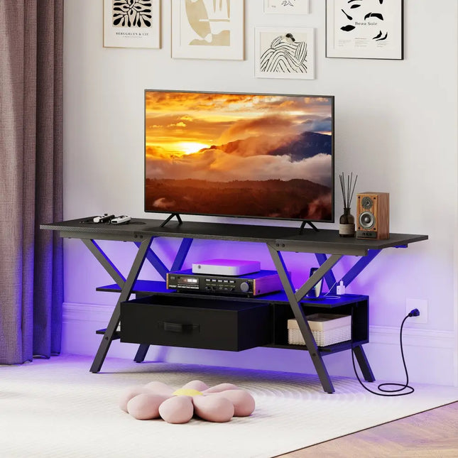 TV Stand for 65 Inch TVs with Power Outlets and LED Lights-Black - Black - Entertainment Centers & TV Stands