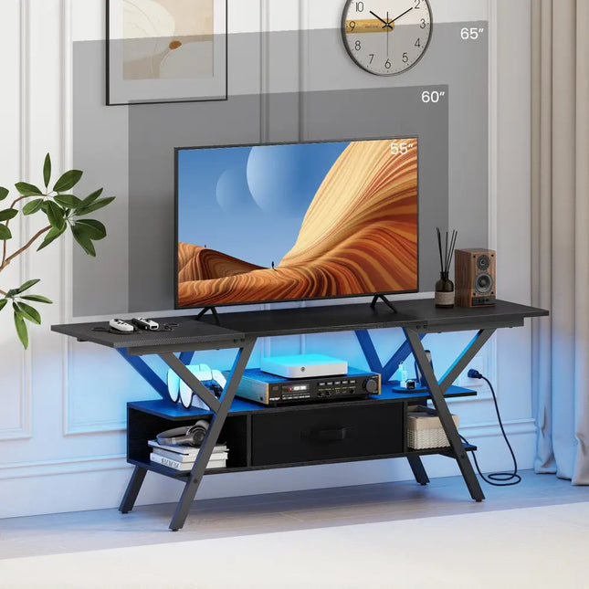 TV Stand for 65 Inch TVs with Power Outlets and LED Lights-Black - Black - Entertainment Centers & TV Stands