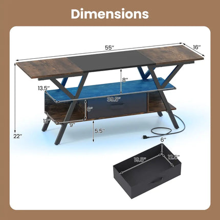TV Stand for 65 Inch TVs with Power Outlets and LED Lights-Rustic Brown - Rustic Brown - Entertainment Centers & TV