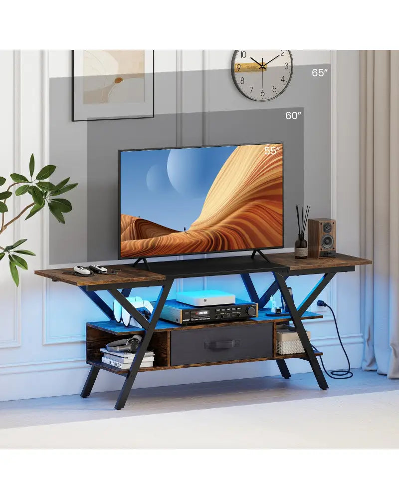 TV Stand for 65 Inch TVs with Power Outlets and LED Lights-Rustic Brown - Rustic Brown - Entertainment Centers & TV