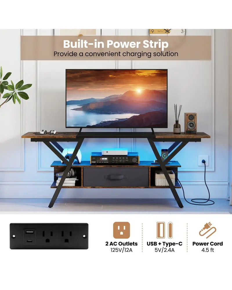 TV Stand for 65 Inch TVs with Power Outlets and LED Lights-Rustic Brown - Rustic Brown - Entertainment Centers & TV