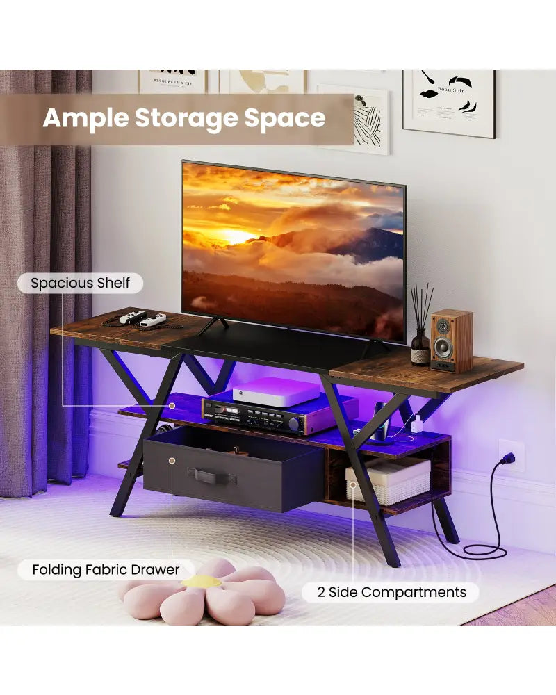TV Stand for 65 Inch TVs with Power Outlets and LED Lights-Rustic Brown - Rustic Brown - Entertainment Centers & TV