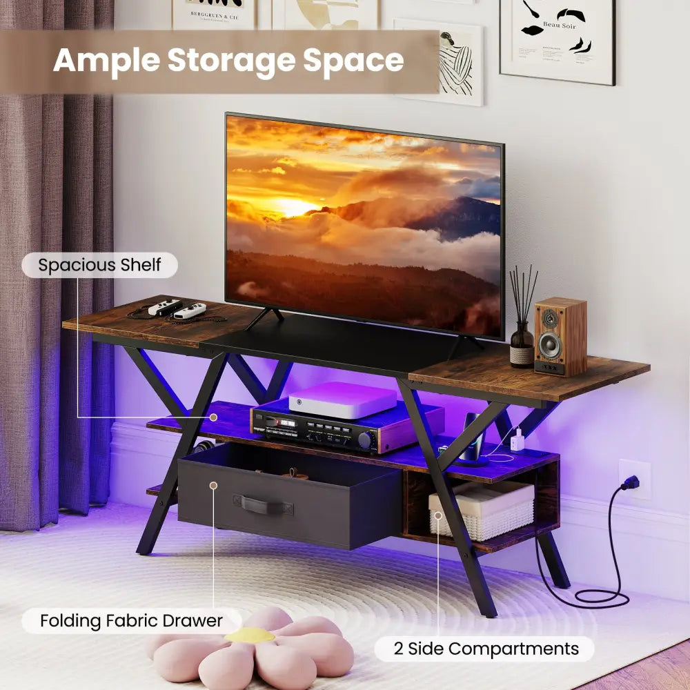 TV Stand for 65 Inch TVs with Power Outlets and LED Lights-Rustic Brown - Rustic Brown - Entertainment Centers & TV