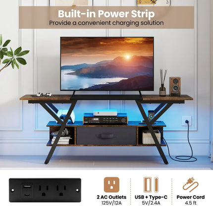 TV Stand for 65 Inch TVs with Power Outlets and LED Lights-Rustic Brown - Rustic Brown - Entertainment Centers & TV