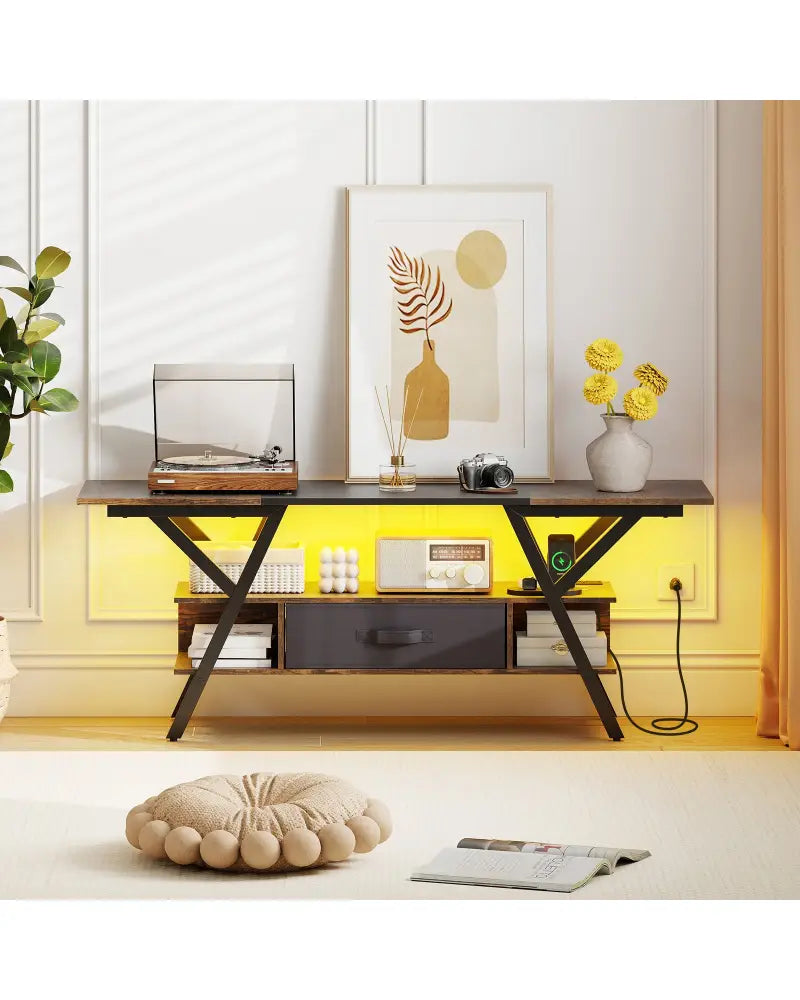 TV Stand for 65 Inch TVs with Power Outlets and LED Lights-Rustic Brown - Rustic Brown - Entertainment Centers & TV