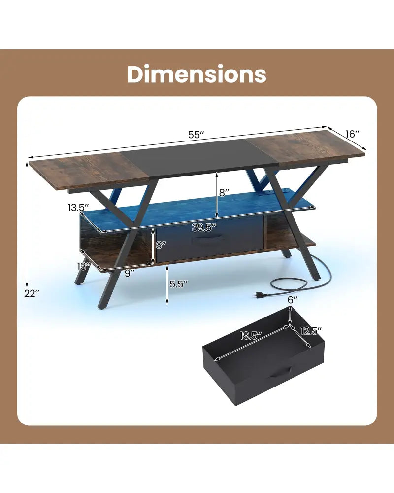 TV Stand for 65 Inch TVs with Power Outlets and LED Lights-Rustic Brown - Rustic Brown - Entertainment Centers & TV
