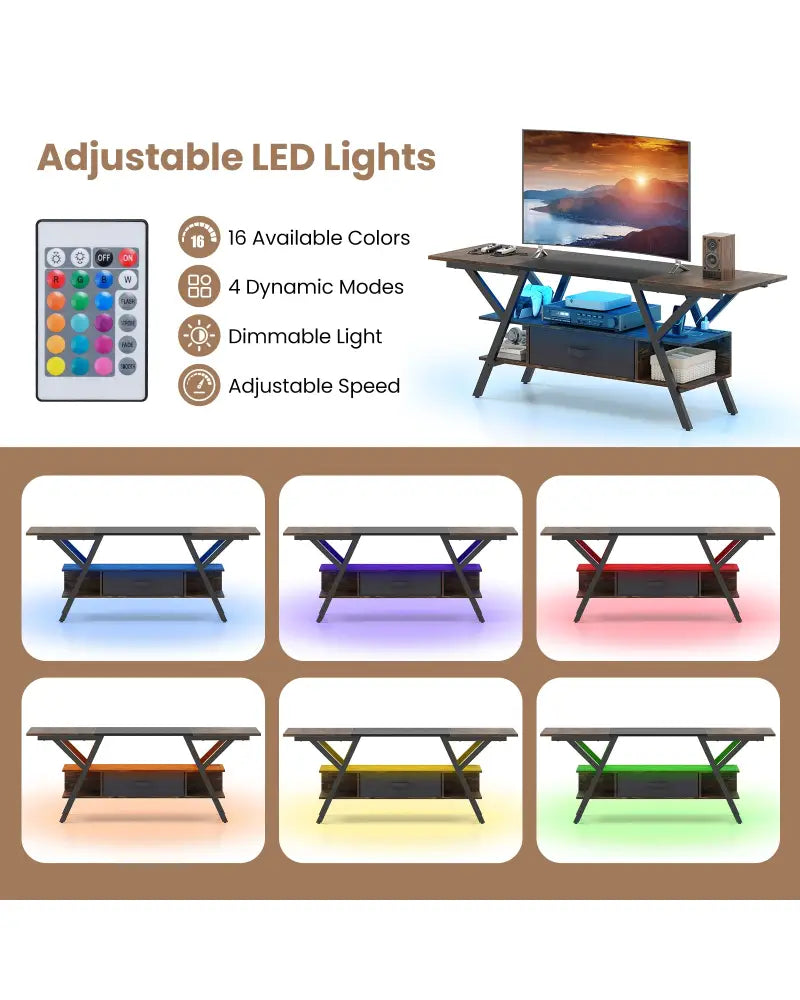 TV Stand for 65 Inch TVs with Power Outlets and LED Lights-Rustic Brown - Rustic Brown - Entertainment Centers & TV
