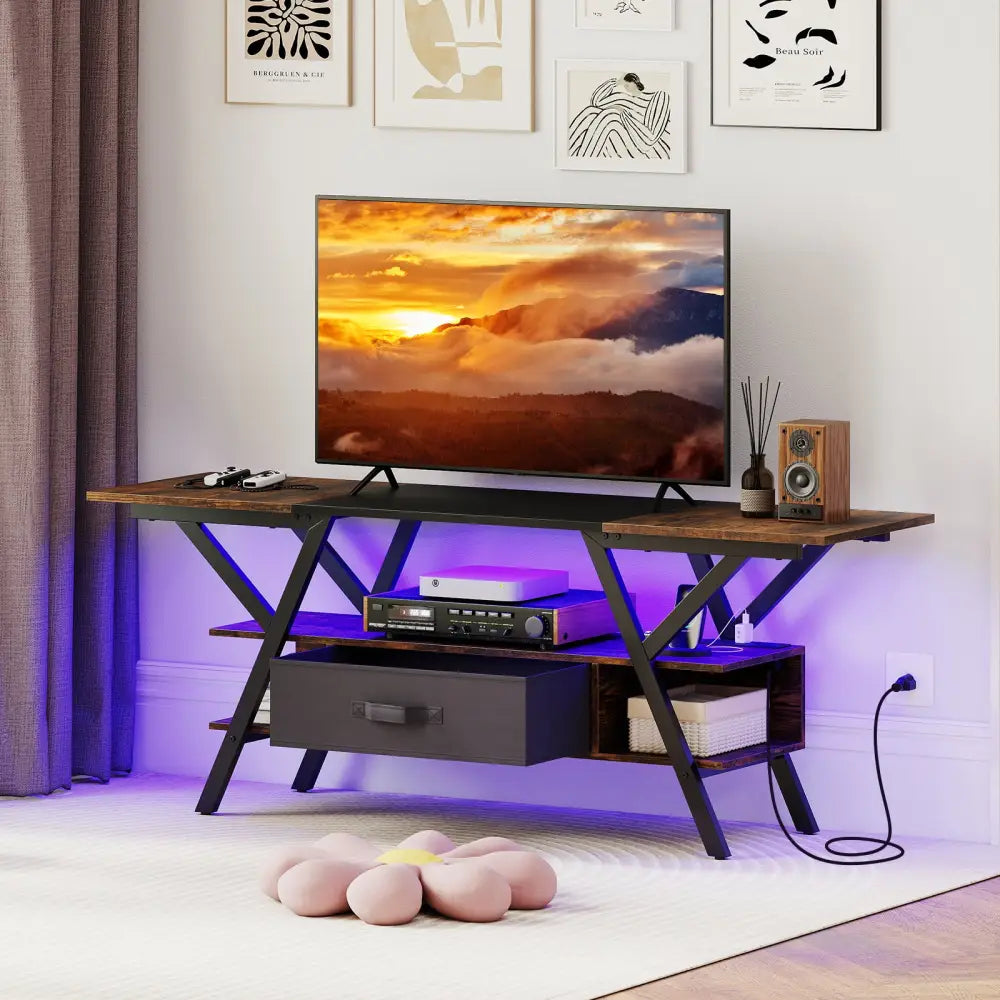 TV Stand for 65 Inch TVs with Power Outlets and LED Lights-Rustic Brown - Rustic Brown - Entertainment Centers & TV