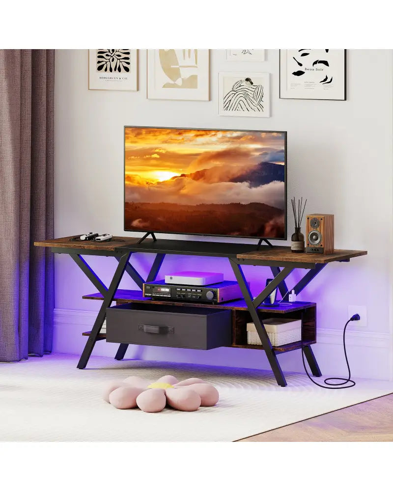 TV Stand for 65 Inch TVs with Power Outlets and LED Lights-Rustic Brown - Rustic Brown - Entertainment Centers & TV