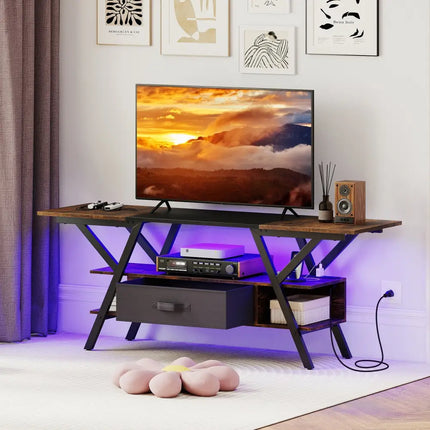 TV Stand for 65 Inch TVs with Power Outlets and LED Lights-Rustic Brown - Rustic Brown - Entertainment Centers & TV