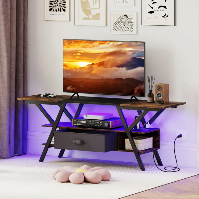 TV Stand for 65 Inch TVs with Power Outlets and LED Lights-Rustic Brown - Rustic Brown - Entertainment Centers & TV