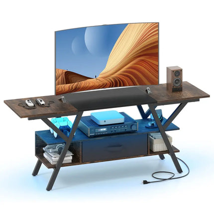 TV Stand for 65 Inch TVs with Power Outlets and LED Lights-Rustic Brown - Rustic Brown - Entertainment Centers & TV