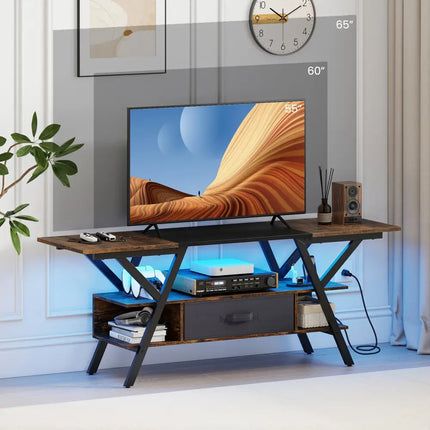TV Stand for 65 Inch TVs with Power Outlets and LED Lights-Rustic Brown - Rustic Brown - Entertainment Centers & TV