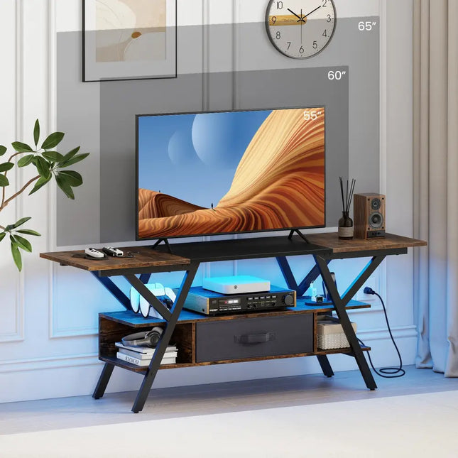 TV Stand for 65 Inch TVs with Power Outlets and LED Lights-Rustic Brown - Rustic Brown - Entertainment Centers & TV