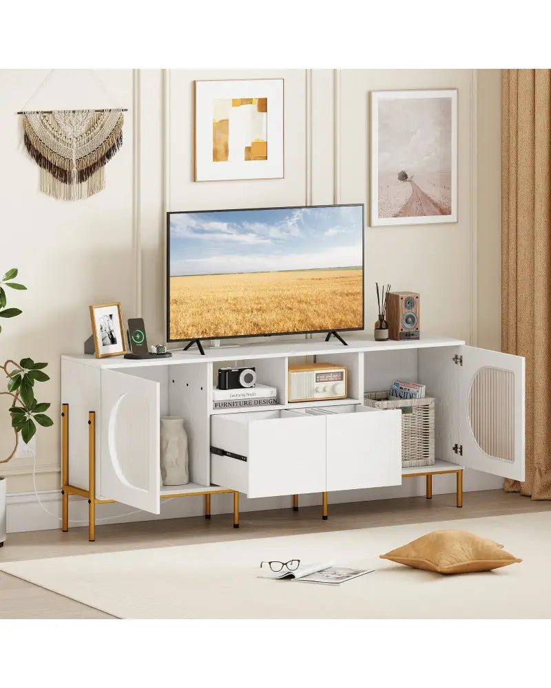 TV Stand for 70 Inch TV with Power Outlets Drawers and Open Shelves-White - White - Entertainment Centers & TV Stands