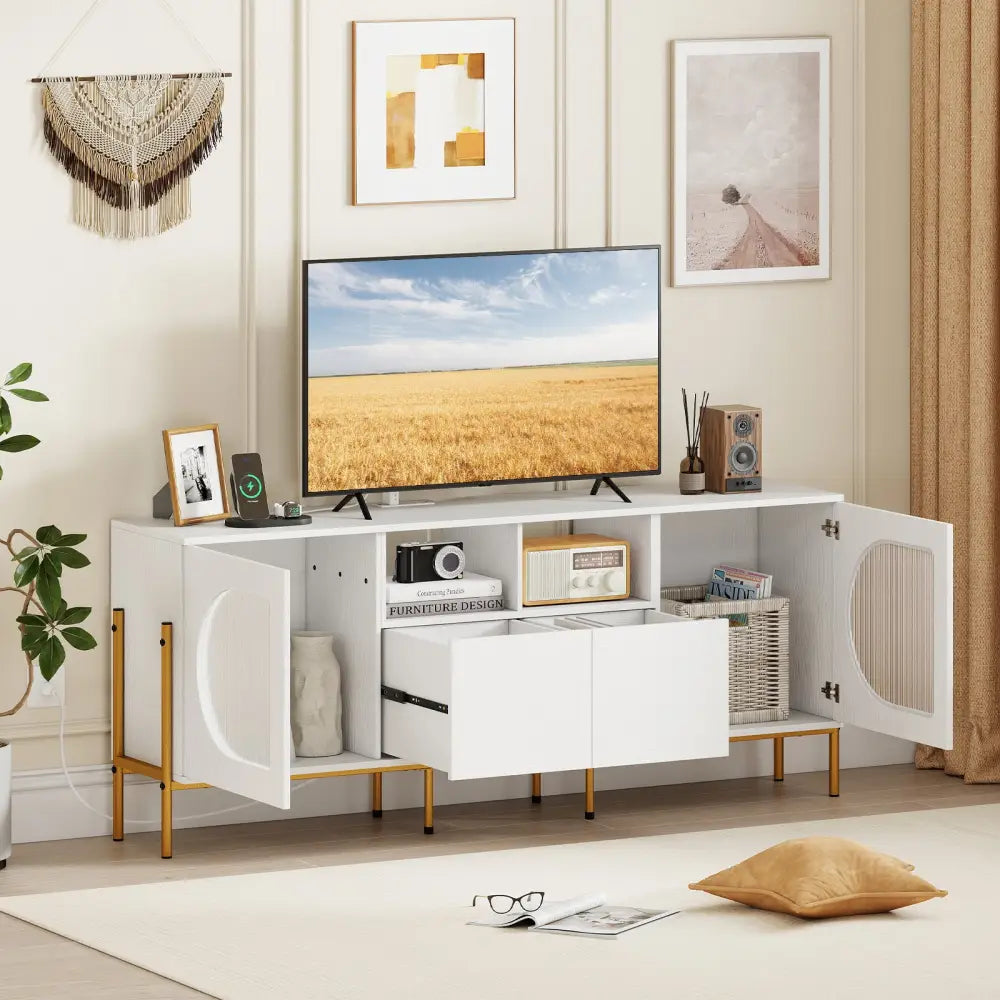 TV Stand for 70 Inch TV with Power Outlets Drawers and Open Shelves-White - White - Entertainment Centers & TV Stands