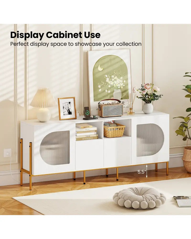TV Stand for 70 Inch TV with Power Outlets Drawers and Open Shelves-White - White - Entertainment Centers & TV Stands