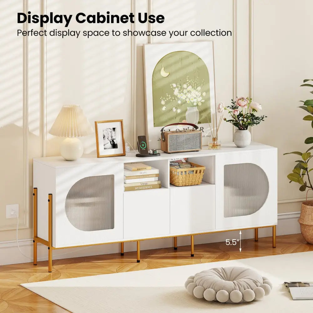 TV Stand for 70 Inch TV with Power Outlets Drawers and Open Shelves-White - White - Entertainment Centers & TV Stands